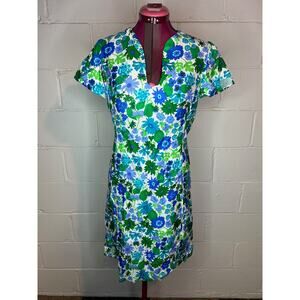 dress floral bright green blue white 1970s